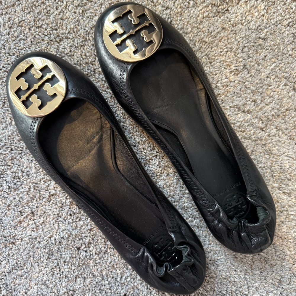 Tory Burch Black Flats with Gold Emblem